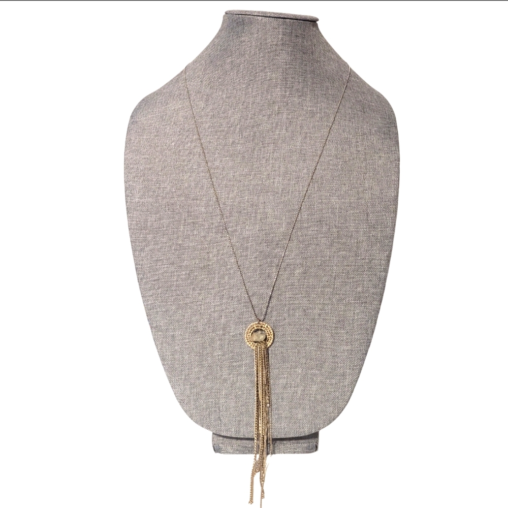 Trendy Light Gold Tone Chain Tassel Natural Rough Cut Quartz Boho Necklace